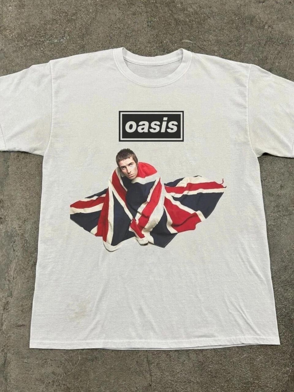 Gildan White Tee with Oasis Logo and Red & Blue Union Jack Graphic